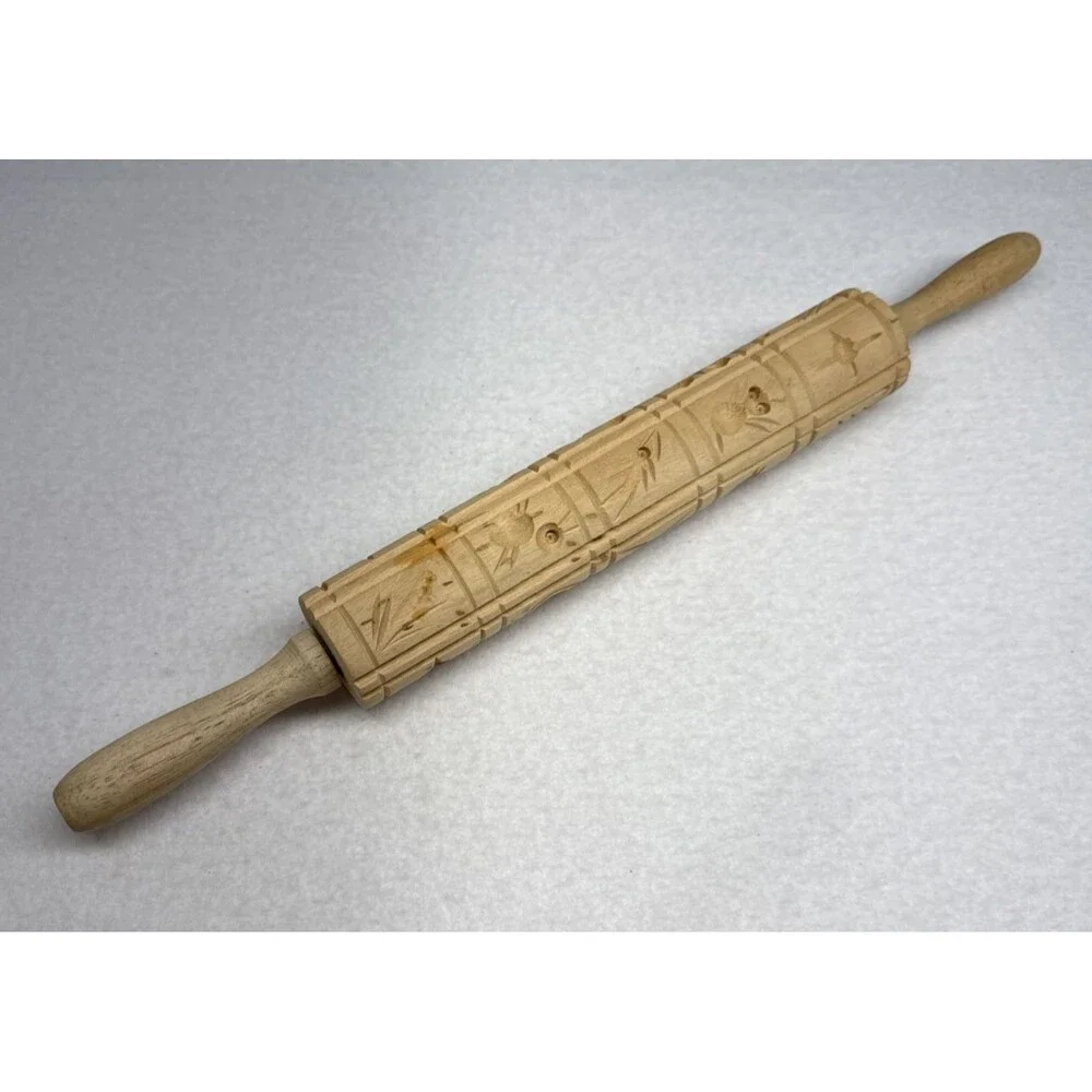 Embossed Rolling Pin Large Animal Bird Floral Cookie Folk Art Unbranded Wood